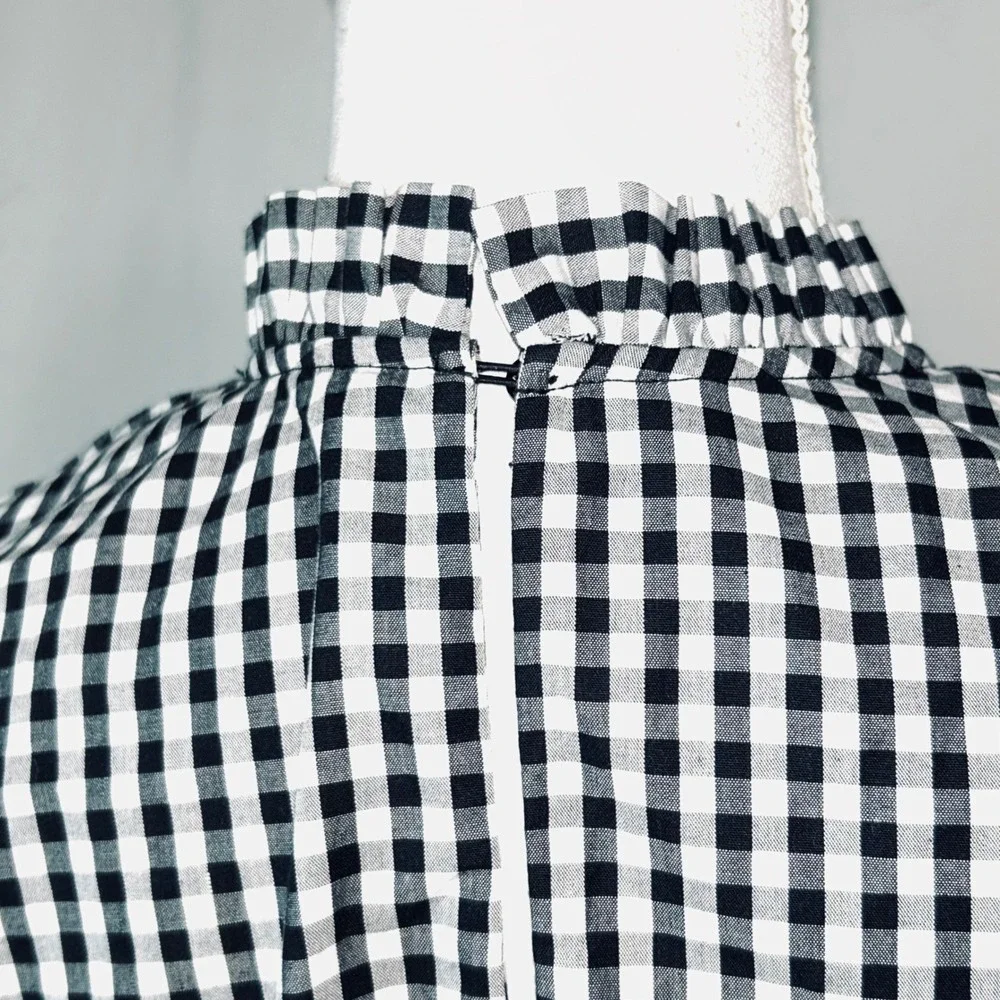 Zara Black and White Gingham Plaid Ruffle Neck‎ Smocked Cuff Blouse Small